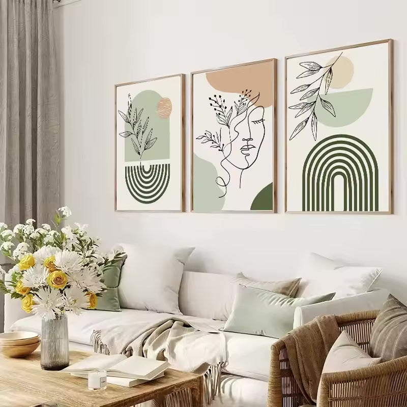 Boho Sage Green Plants Nordic Art Posters Abstract Artwork Geometric Wall Art Canvas Painting Poster Living Room Home Decor
